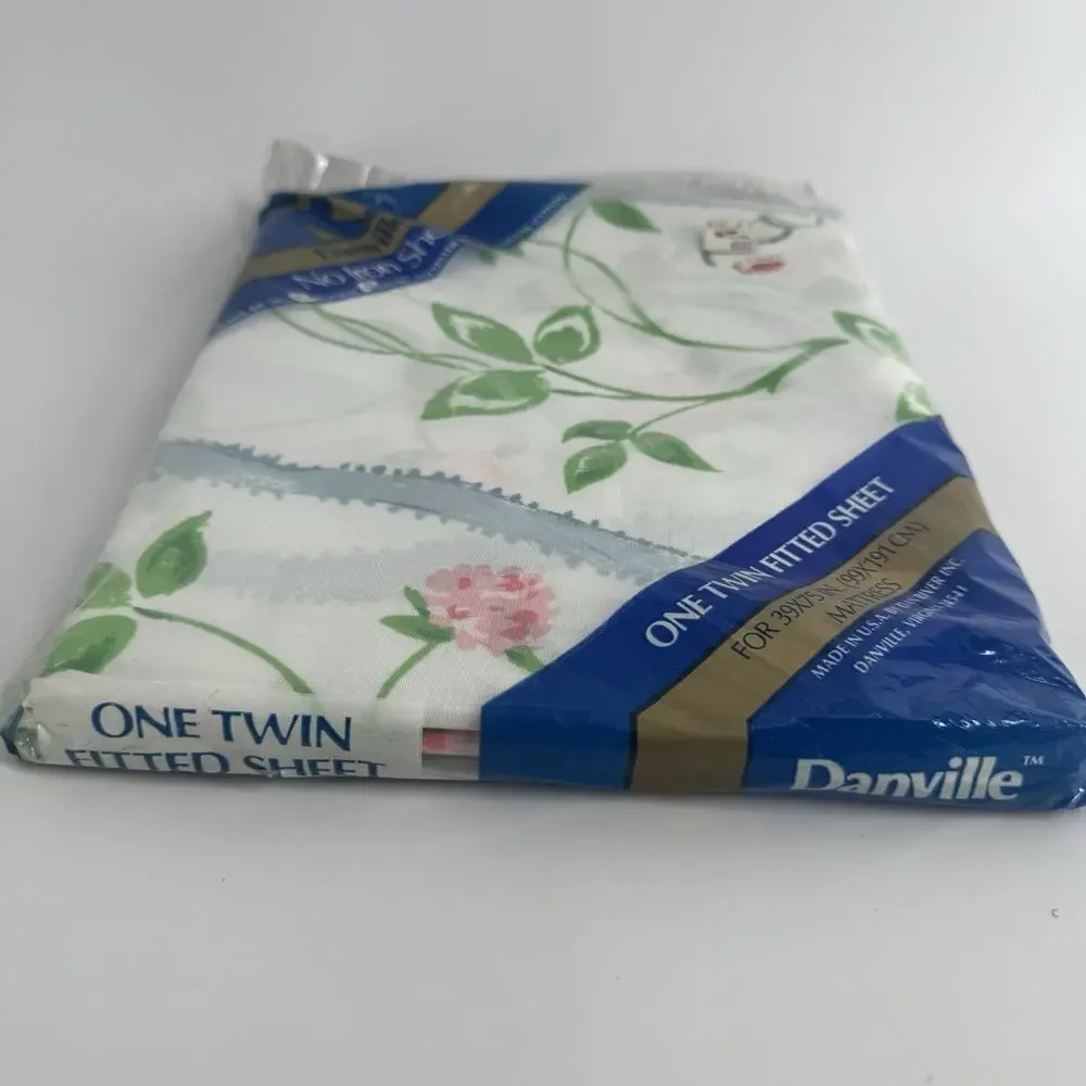 Vtg Danville Twin Fitted Sheet NOS Pink Rose FLORAL White Blue Polyester Cotton